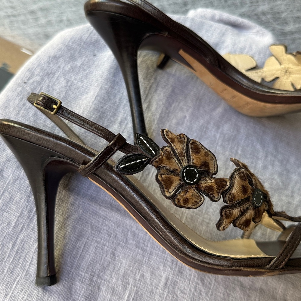 Bruno Magli heeled sandals. Brown leather and pony hair